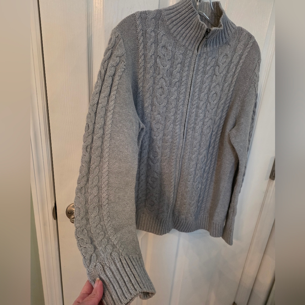 L.L. Bean Women Fisherman Grey Cable Knit Sweater Full Front Zip L - Picture 6 of 12